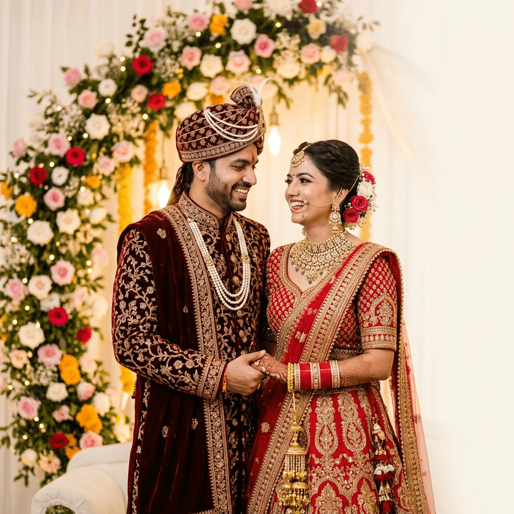Indian bride and groom smiling at their wedding ceremony